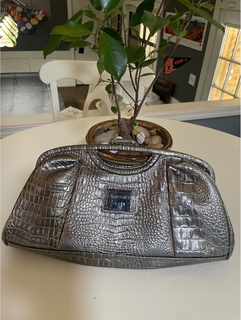 Gun metal silver embossed clutch